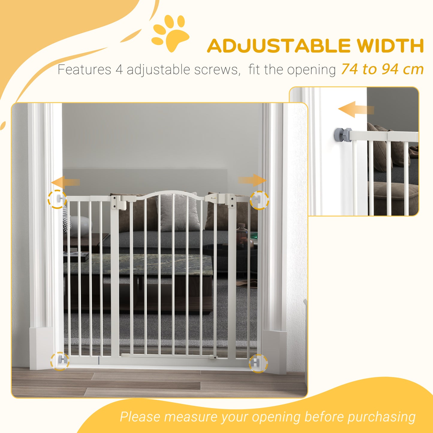 PawHut Metal 74-100cm Adjustable Pet Gate Safety Barrier w/ Auto-Close Door White