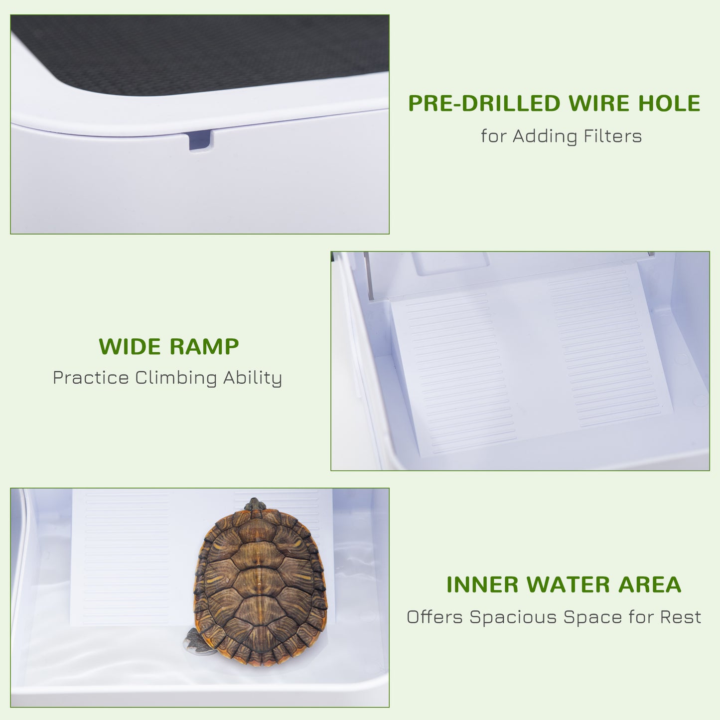 PawHut Tortoise House Turtle Tank Hermit Crab Habitat Small Reptile Cage with Water Area Basking Platform Ramp 47 x 28 x 25 cm, White