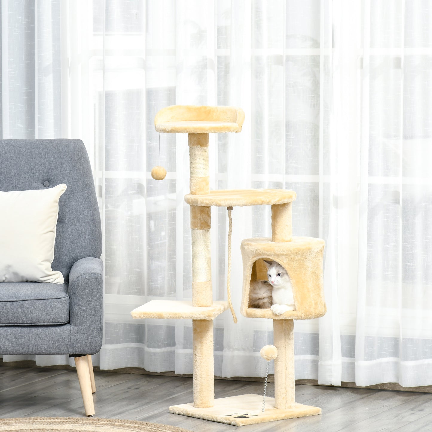 PawHut Cat Tree House, 114H cm-Beige