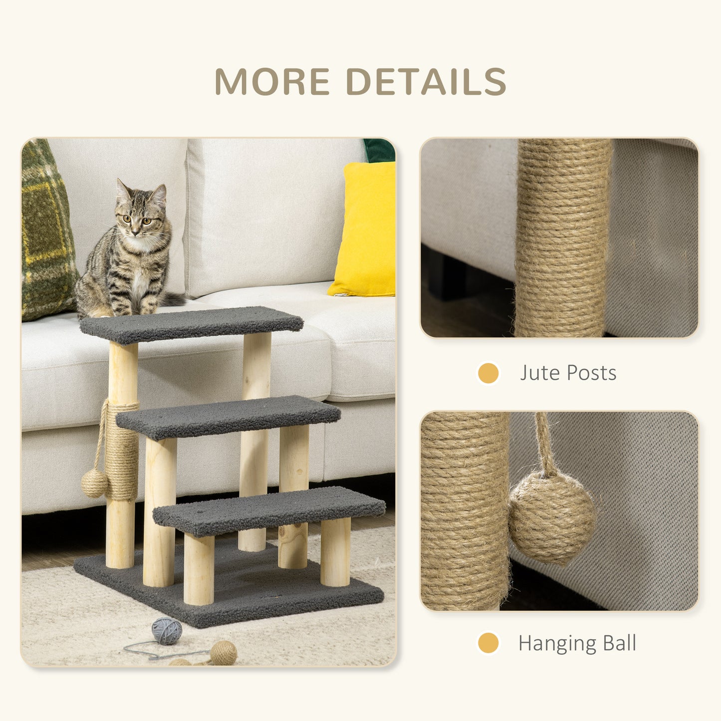 PawHut 48cm Cat Tree, 3-Layer Kitty Ladder, Cat Climbing Toy, Cat Tower with Ball Toy Jute Scratching Post, Grey