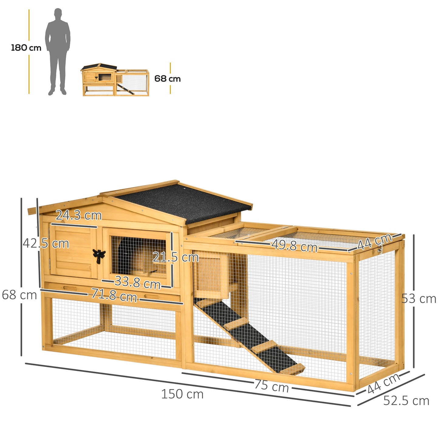 PawHut 2 Level Wooden Rabbit Bunny Guinea Pig Hutch w/ Outdoor Run Water Resistant Roof Pull out Tray Ramp 150 x 52.5 x 68 cm, Yellow