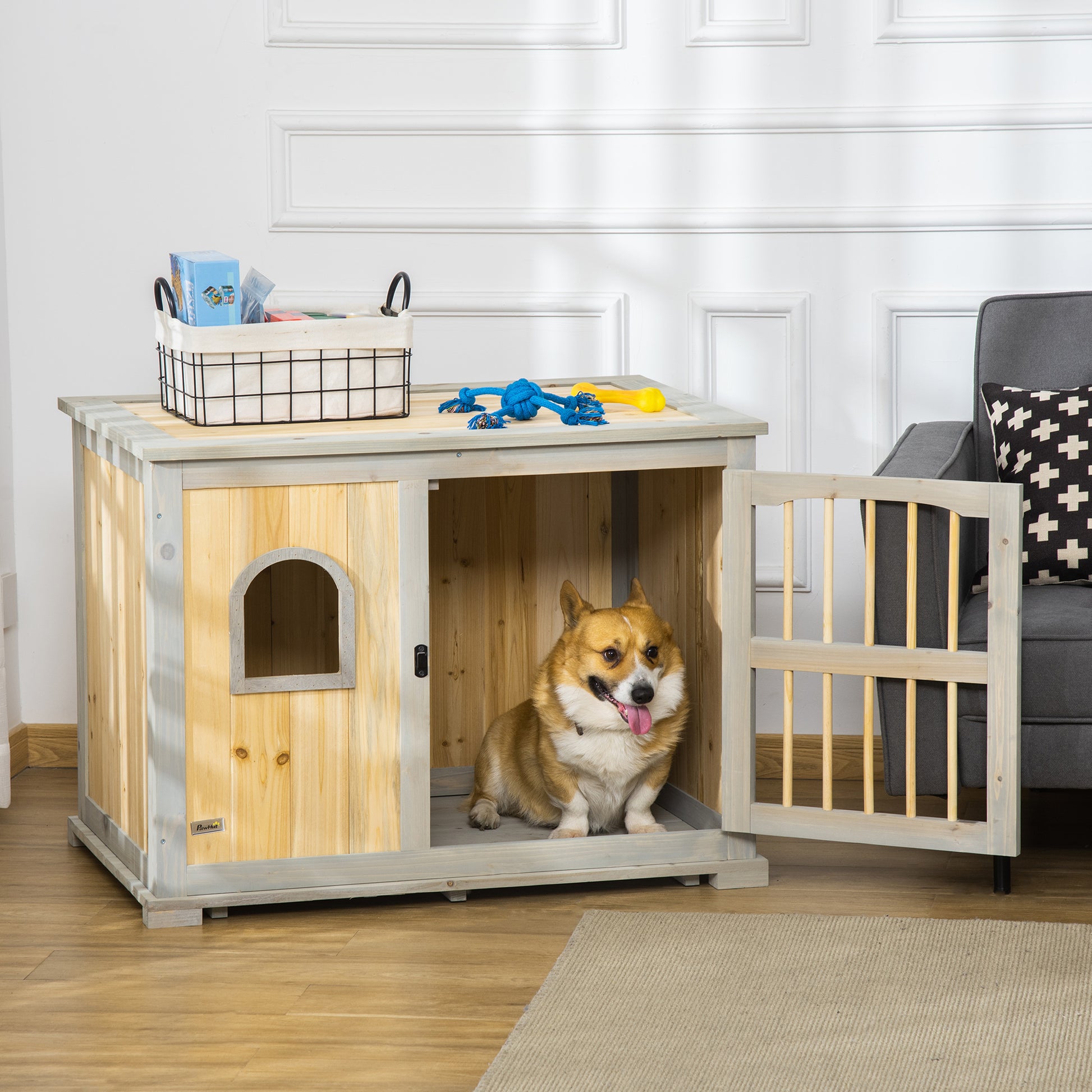 PawHut Wooden Dog Crate, End Table w/ Lockable Door and Window for Small and Medium Dog, Grey and Yellow, 95 x 65.5 x 70.5cm