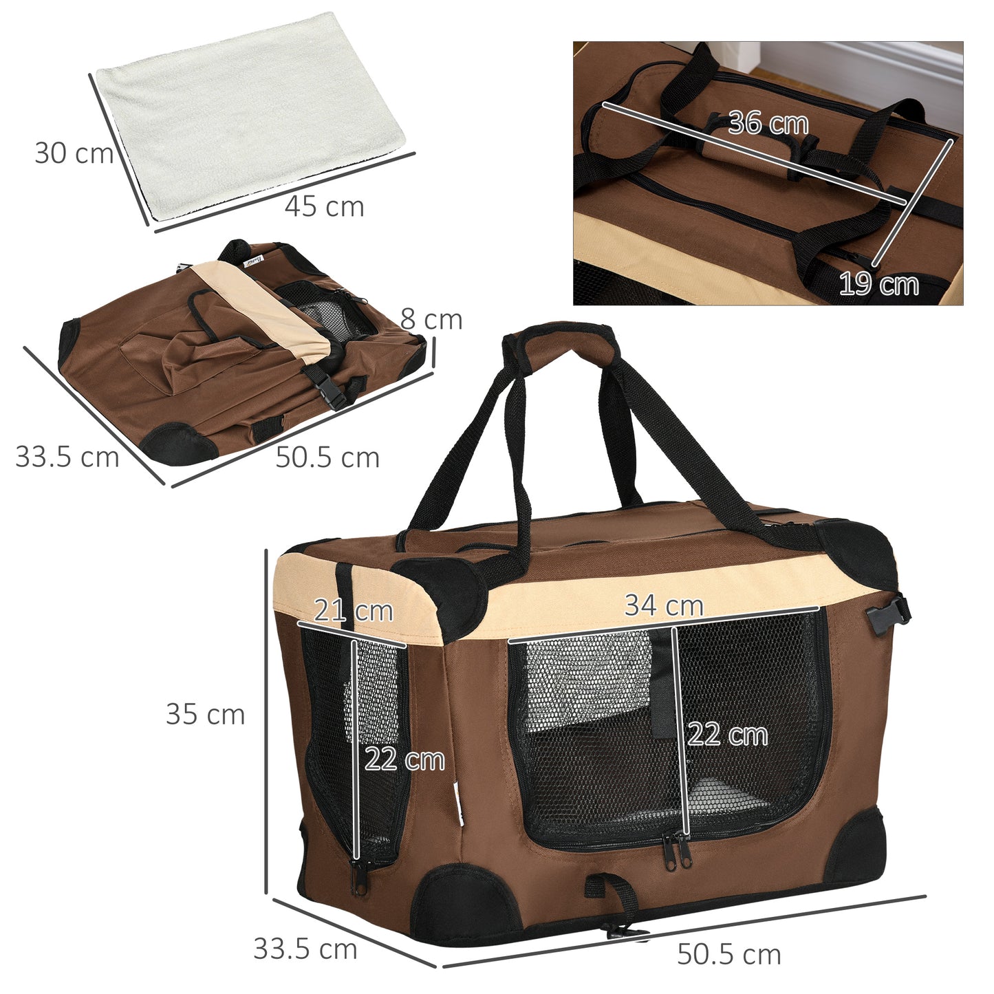 PawHut 51cm Foldable Pet Carrier, Dog Cage, Portable Cat Carrier, Cat Bag, Pet Travel Bag with Cushion for Miniature Dogs, Brown