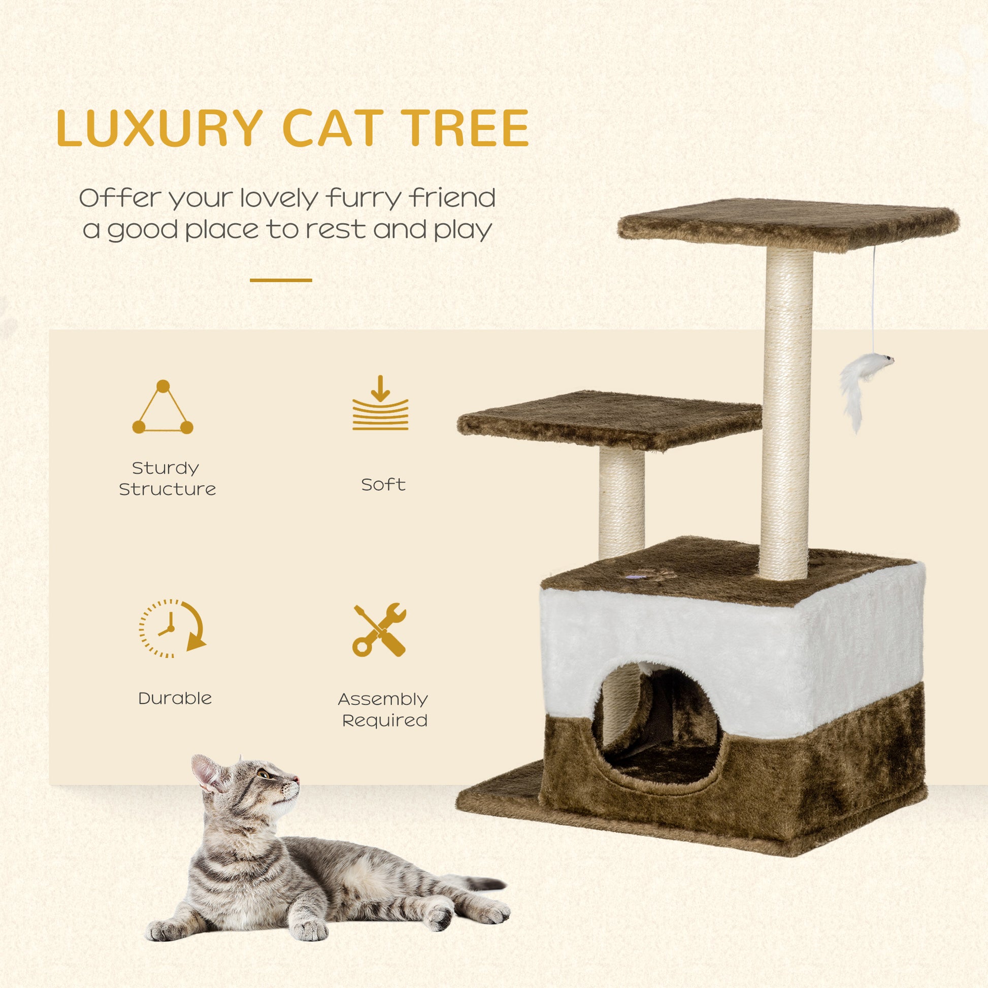 PawHut Cat Scratching Post Cat Tree with Condo Perch Interactive Mouse Toy, 45 x 33 x 70 cm, Brown