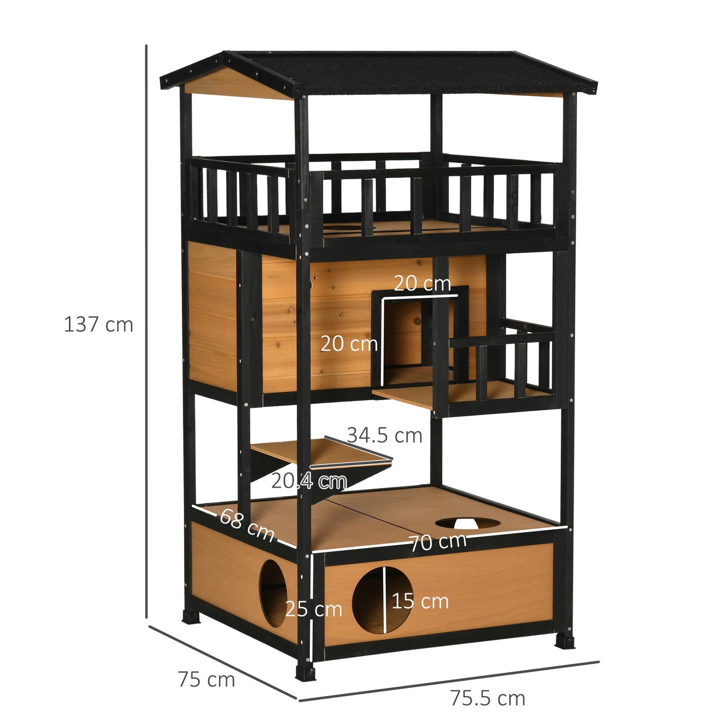 PawHut Wooden Cat House 3-Tier for Winter Kitten Shelter Lodge w/ Tilted Roof Terrace Jump Step Bottom Tray Elevated Base, Yellow