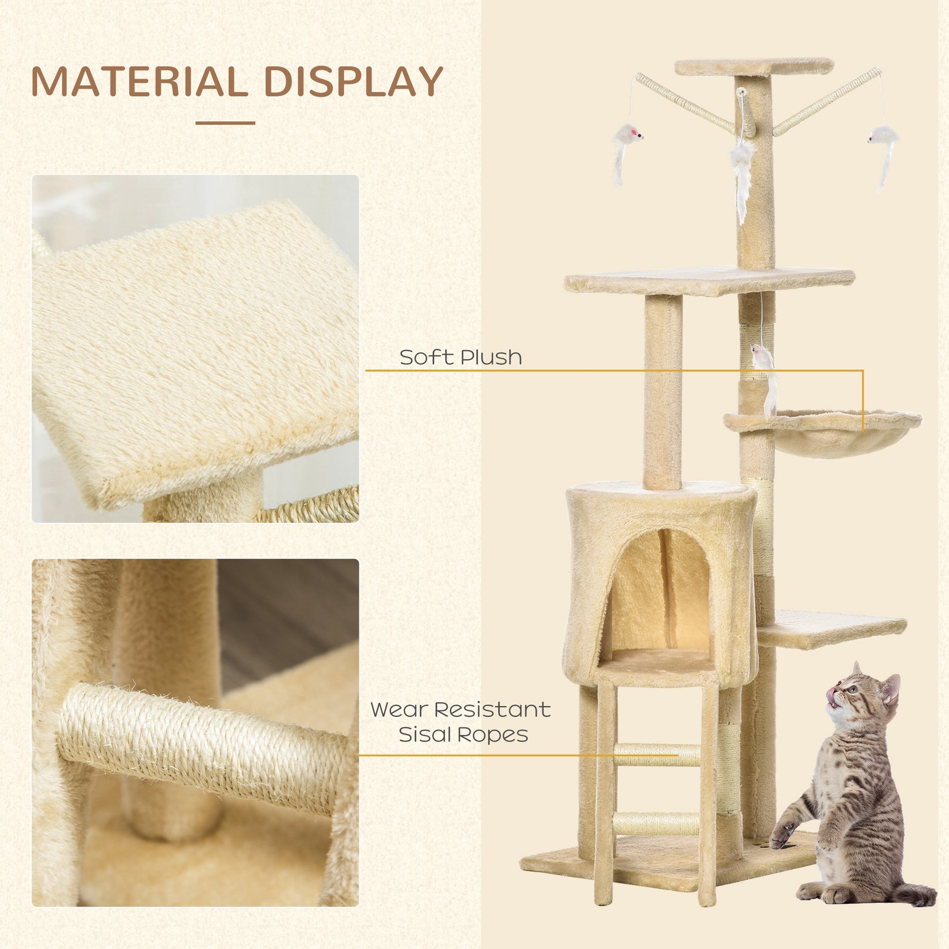 PawHut Cat Tree House, 131H cm-Beige