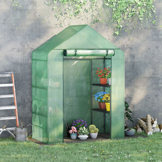 outsunny-walk-in-greenhouse-portable-gardening-plant-grow-house-with-2-tier-shelf-roll-up-zippered-door-and-pe-cover-141-x-72-x-191-cm