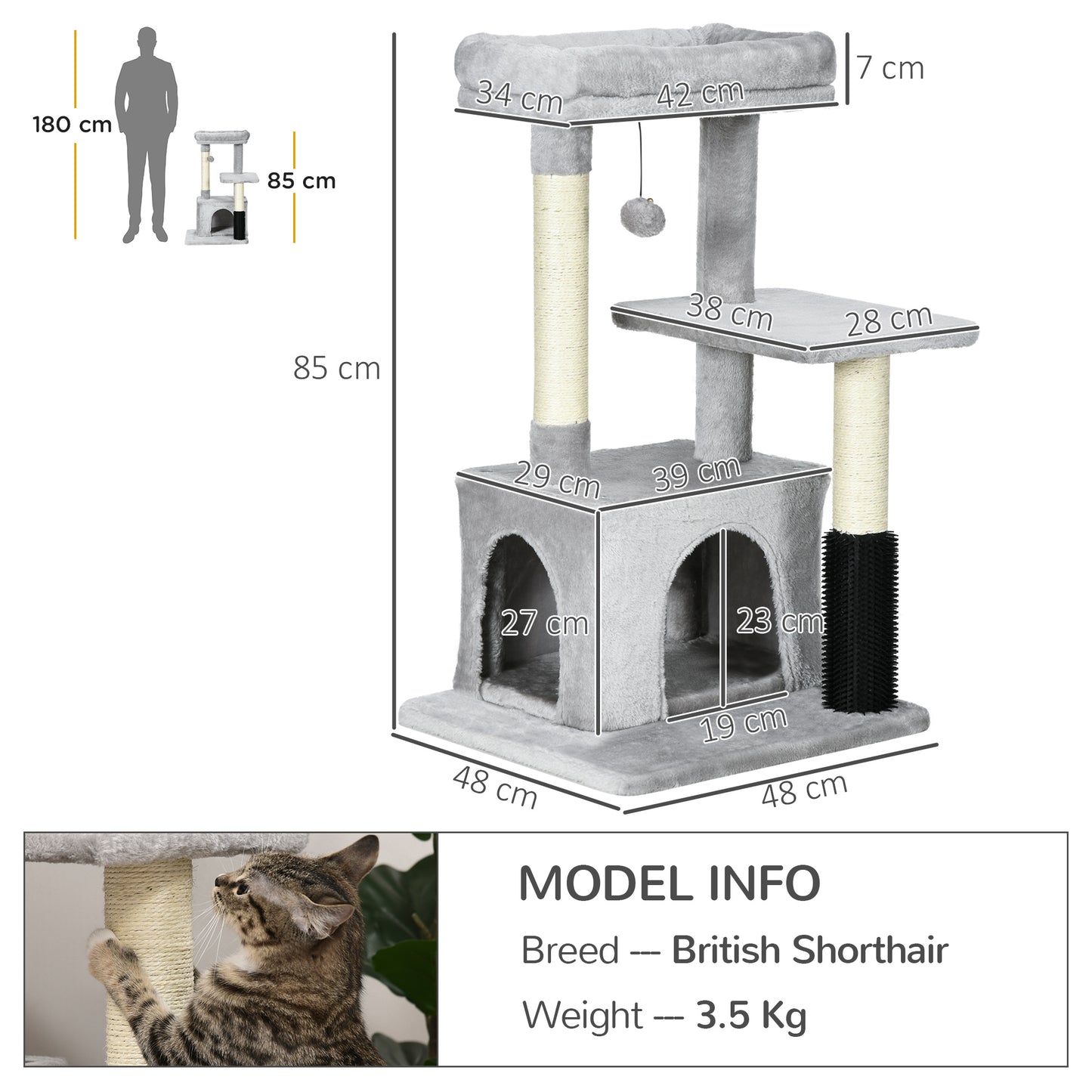 PawHut Cat Tree Tower Climbing Activity Center Kitten Furniture with Sisal Post Scratching Massage Toy 48 x 48 x 80cm Light Grey