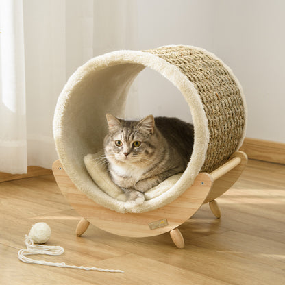 PawHut Elevated Cat House, Kitten Bed, Pet Shelter, Wrapped with Scratcher, Soft Cushion, 41 x 38 x 43 cm, Khaki