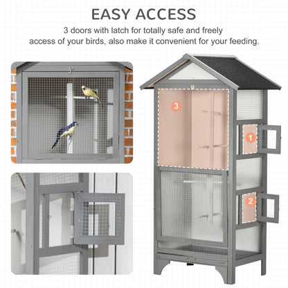 PawHut Wooden Outdoor Bird Cage, for Finches and Canaries, with Removable Tray, Asphalt Roof - Grey