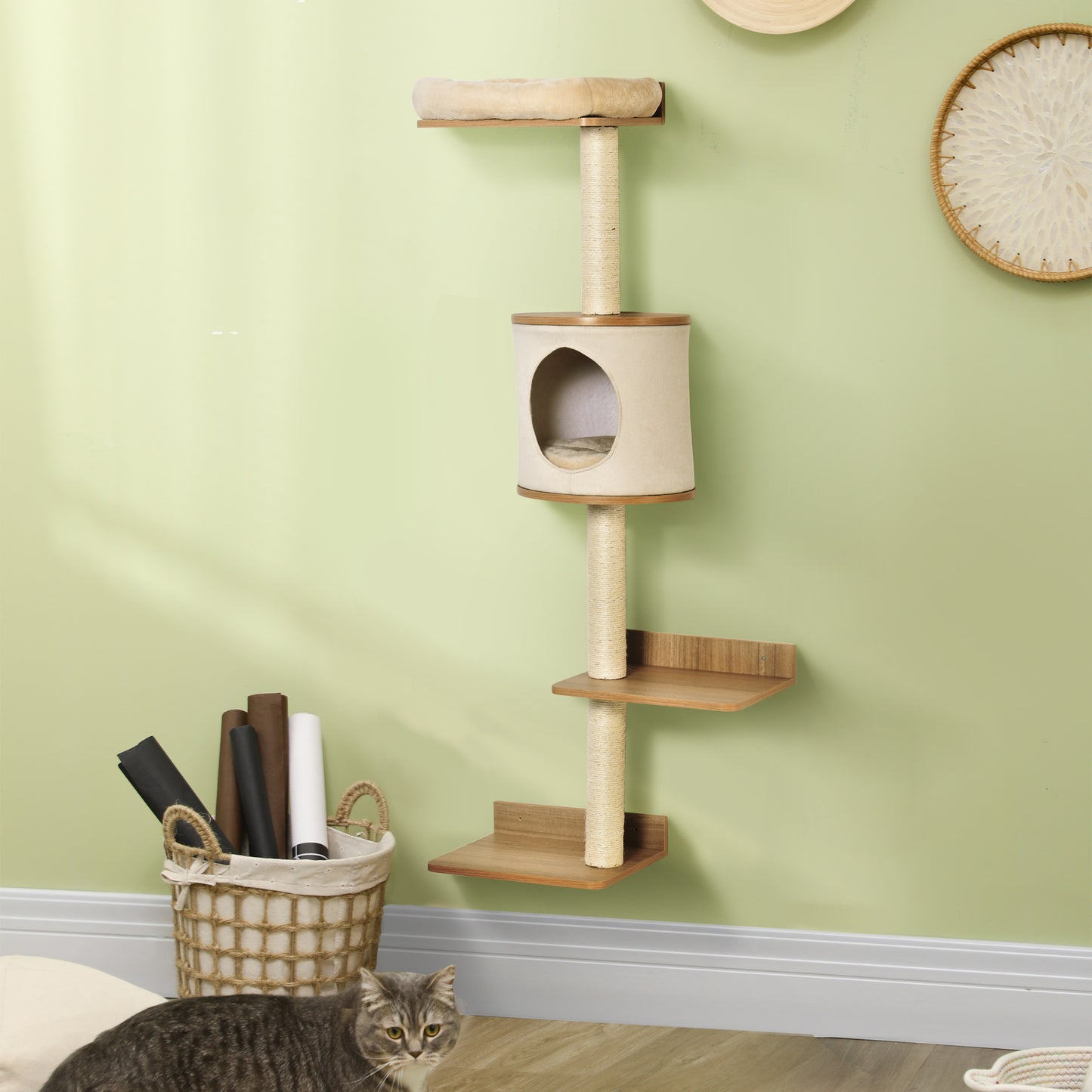 PawHut Cat Tree for Indoor Cats Wall-Mounted Cat Shelf Shelter Kitten Perch Climber Furniture w/ Condo Bed Scratching Post ‚ Beige