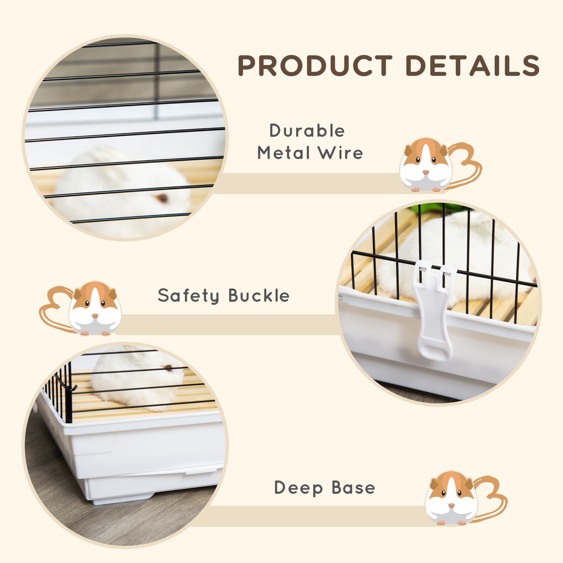 PawHut Indoor Small Animal Cage with Wood Floor, Bunny Guinea Pig House with Removable Tray, 61.5 x 38 x 40 cm, White