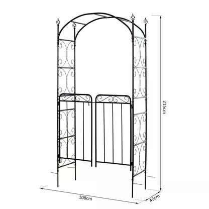 outsunny-garden-decorative-metal-arch-with-gate-outdoor-patio-trellis-arbor-for-climbing-plant-archway-antique-black-108l-x-45w-x-215hcm