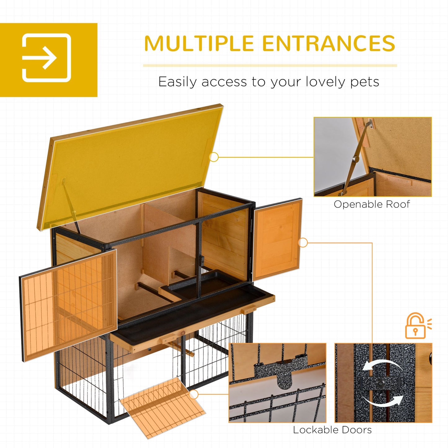 PawHut Wood-metal Rabbit Hutch Elevated Pet House Bunny Cage with Slide-Out Tray Asphalt Openable Roof Lockable Door Outdoor