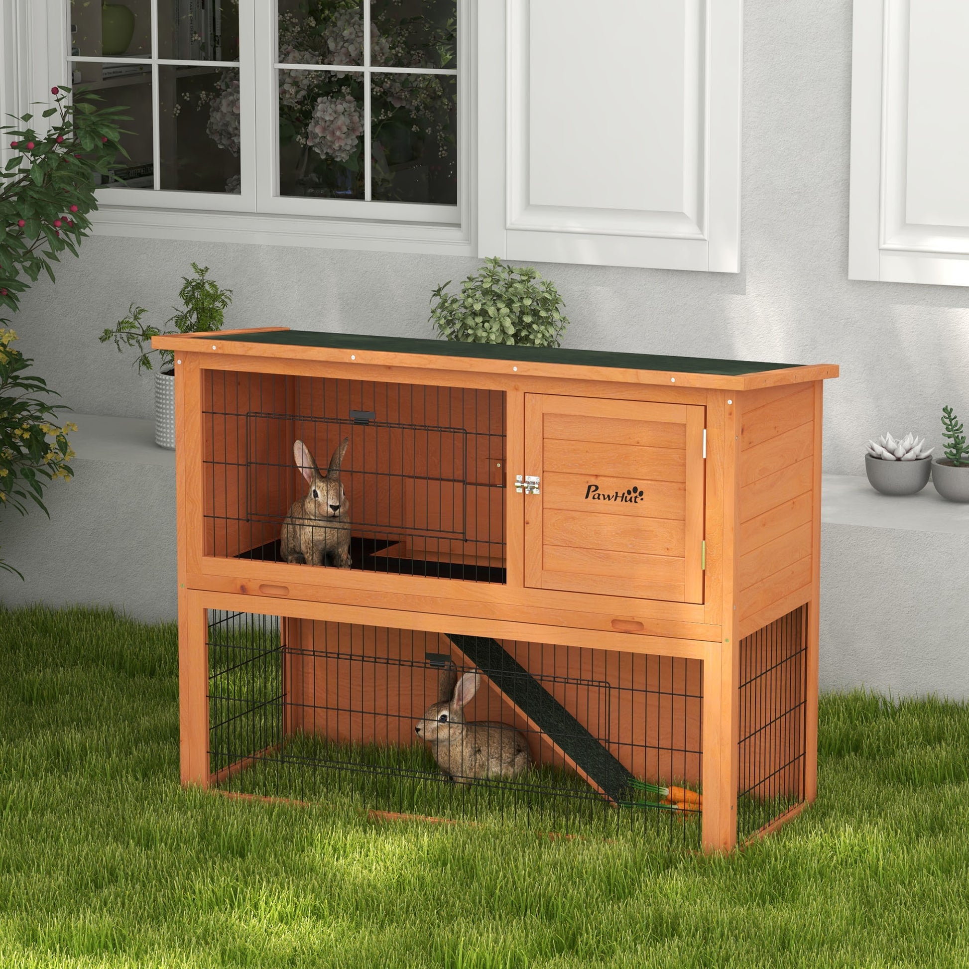 PawHut 2 Tier Antiseptic Wood Rabbit Hutch with Run Outdoor 92cm Orange