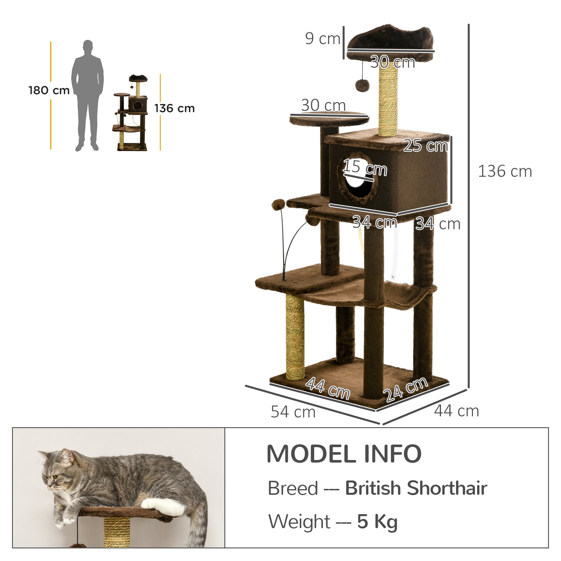 PawHut 136cm Cat Tree for Indoor Cats, Modern Cat Tower with Scratching Posts, house, Platforms, Toy Ball - Brown