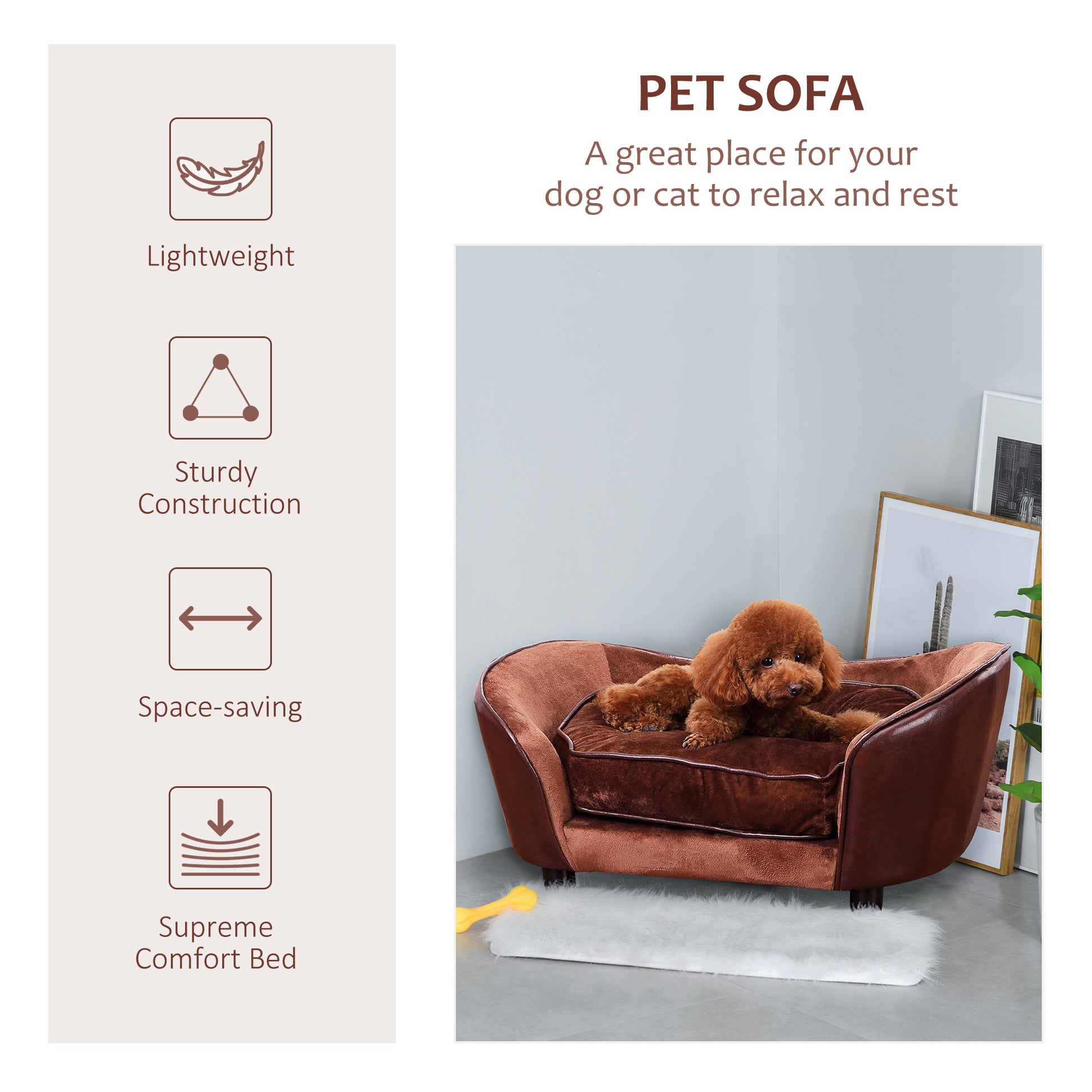 PawHut Pet Sofa Dog Couch, with Cushion, for Cats, Small Dogs - Brown