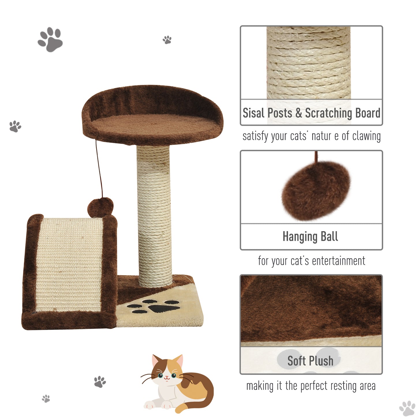 PawHut Cat Scratching Post for Indoor Cats, Cat Tree Scratching Scratcher Post Kitten Activity Centre Climber Hanging Ball Brown