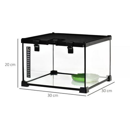 PawHut 30 x 30 x 20 cm Reptile Glass Terrarium, Reptile Breeding Tank, Climbing pet Glass Containers, Arboreal Box, with Strip Patch Thermometer-Black