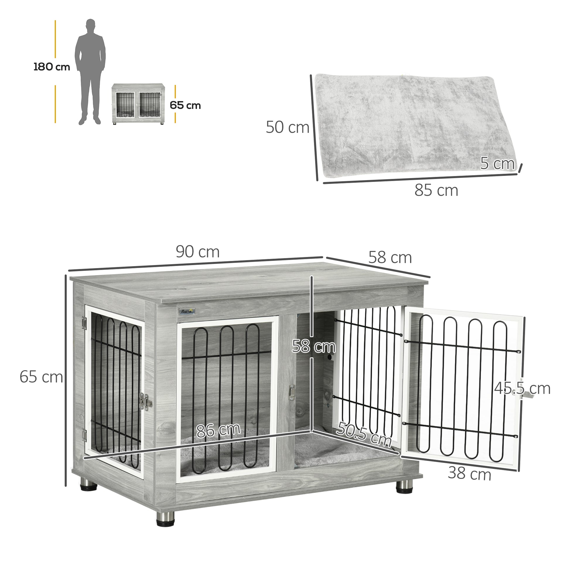 PawHut Dog Crate Furniture Side End Table with Soft Washable Cushion, Indoor Dog Kennel with Wire Mesh, Large Top, for Medium and Large Dogs