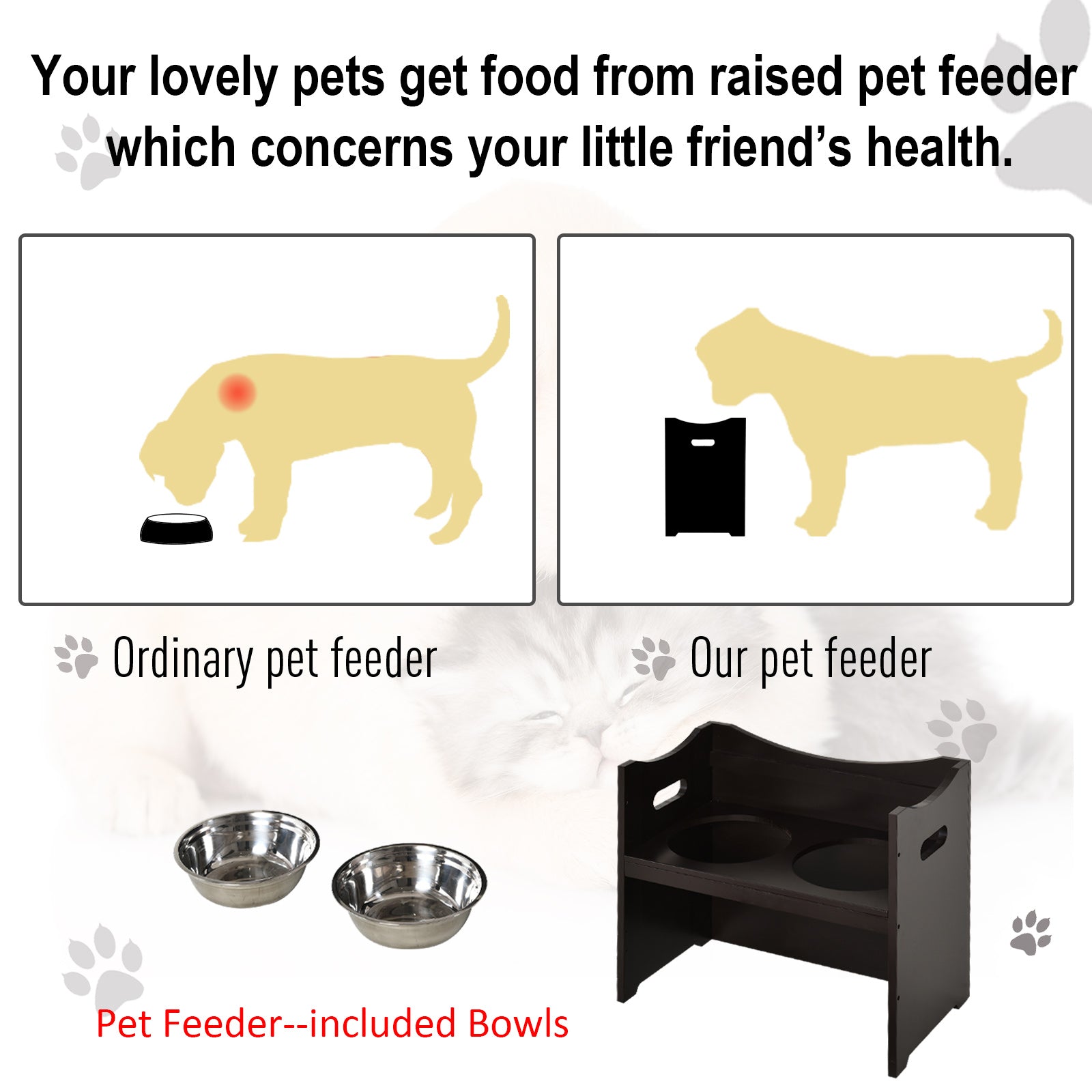 PawHut Elevated Duo Pet Feeder w/ 2 Stainless Steel Bowls MDF Frame Adjustable Shelf Handles Raised Dog Cat Food Drink 47x54cm Brown