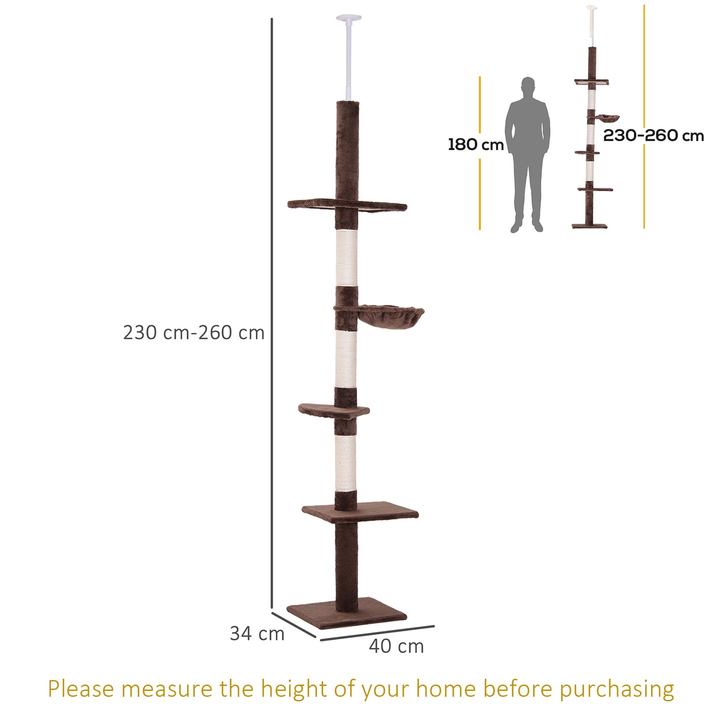 PawHut 5-Tier Floor to Ceiling Cat Tree, Tall Kitty Tower Climbing Activity Center Scratching Post Adjustable Height 230-260cm, Brown