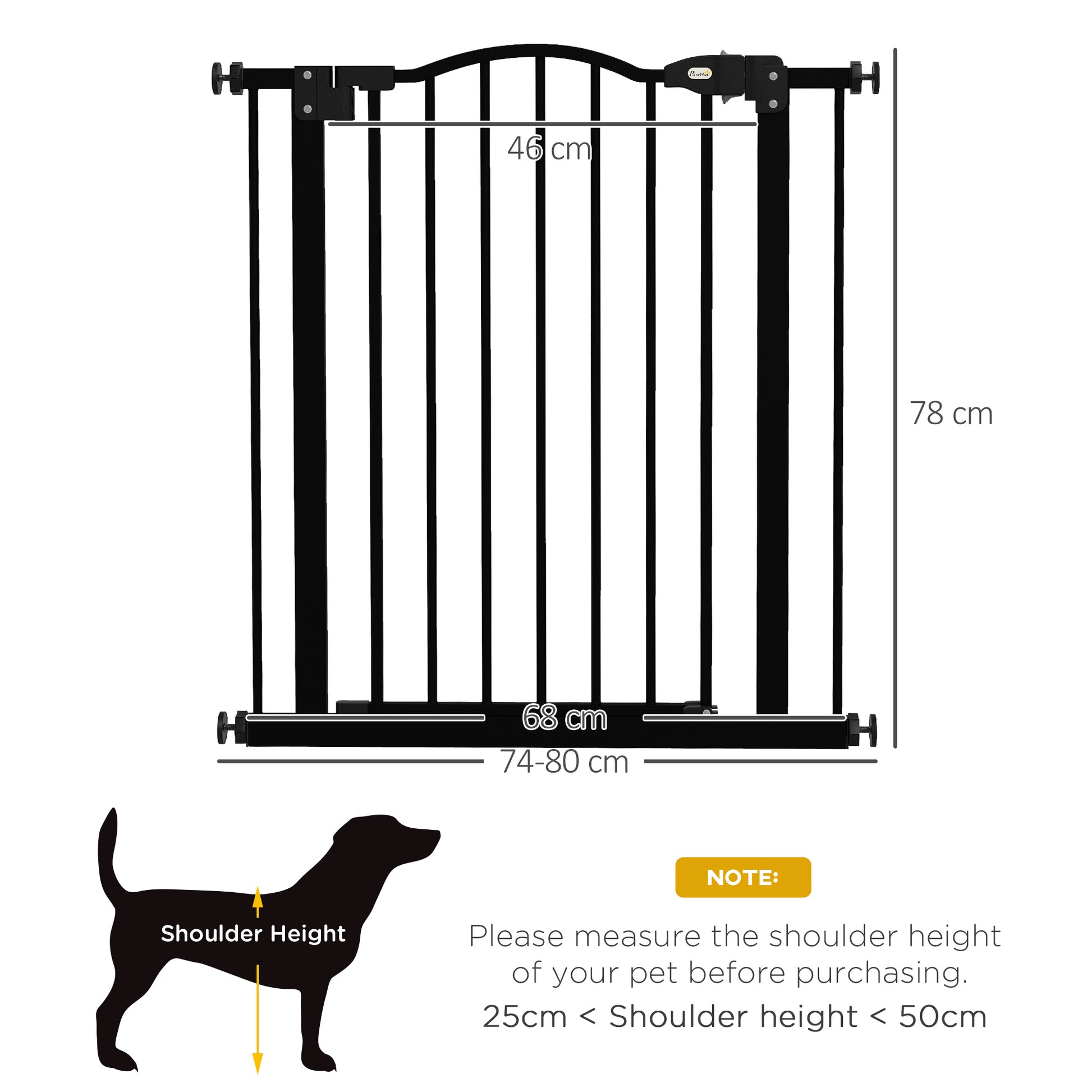 PawHut Metal 74-80cm Adjustable Pet Gate Safety Barrier w/ Auto-Close Door Black