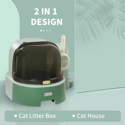 PawHut PP Cat Litter Box with Drawer Pans Scoop Openable Cover Green