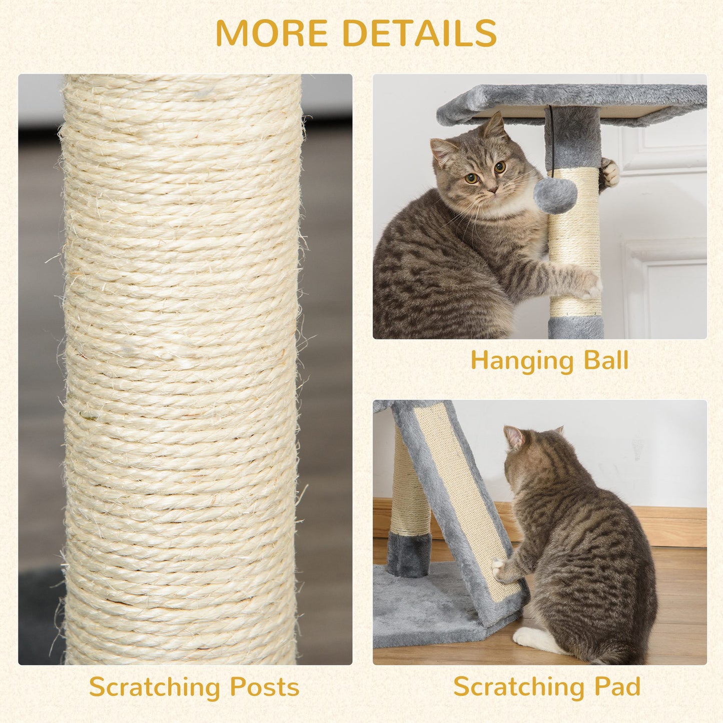 PawHut Cats 3-Tier Sisal Rope Scratching Post w/ Dangle Toy Grey