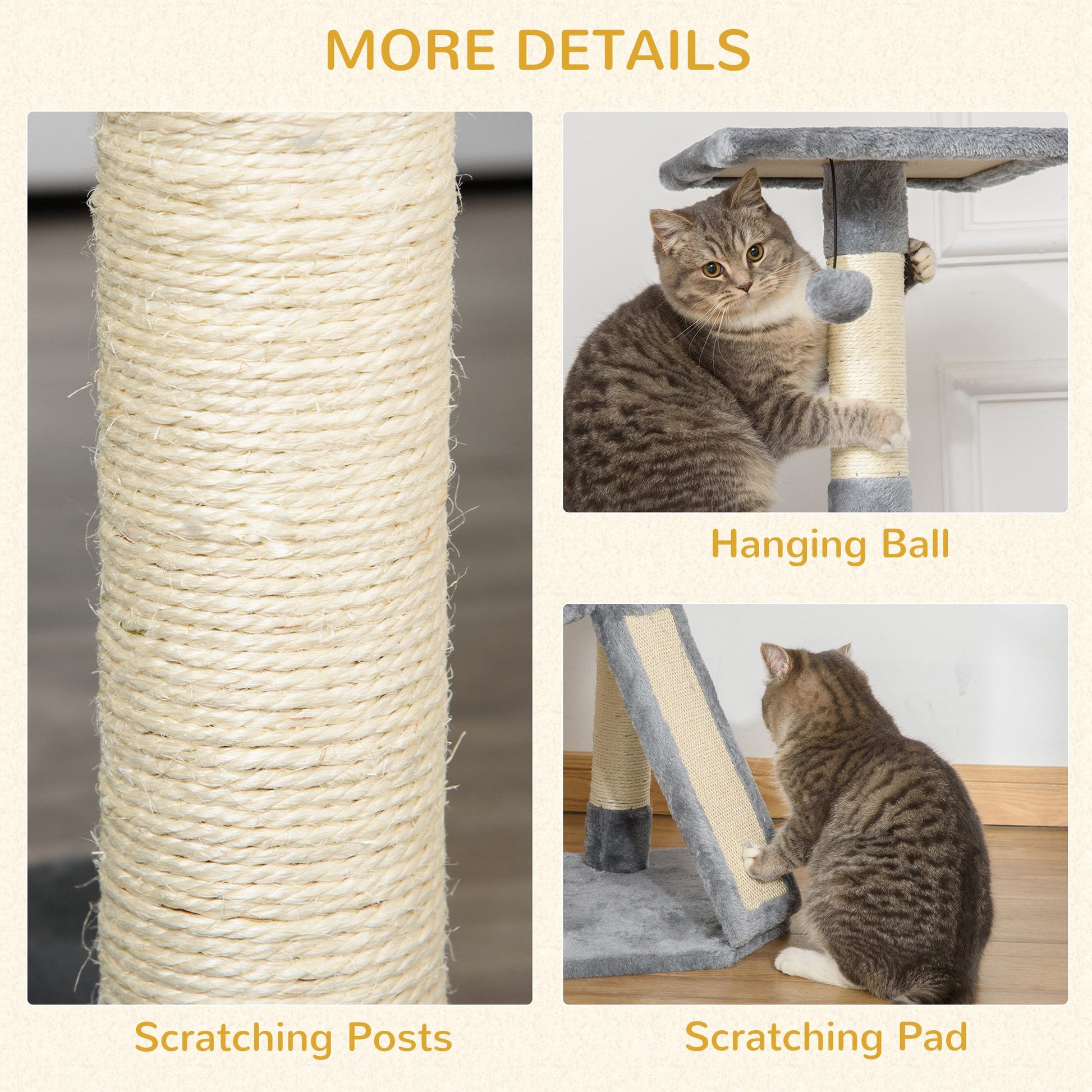 PawHut Cats 3-Tier Sisal Rope Scratching Post w/ Dangle Toy Grey