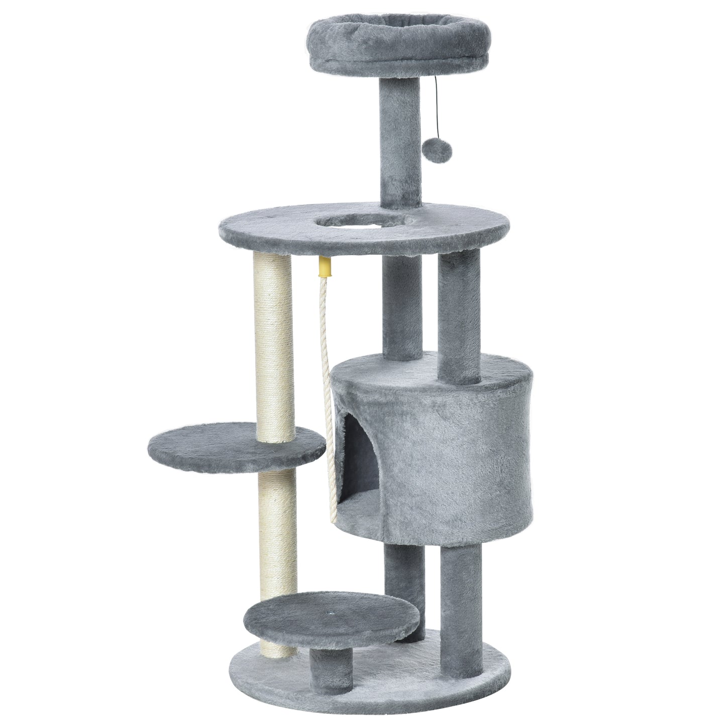 PawHut Cat Tree Tower 112cm Climbing Kitten Activity Center with Jute Scratching Post Perch Hanging Ball Toy Teasing Rope Dark grey