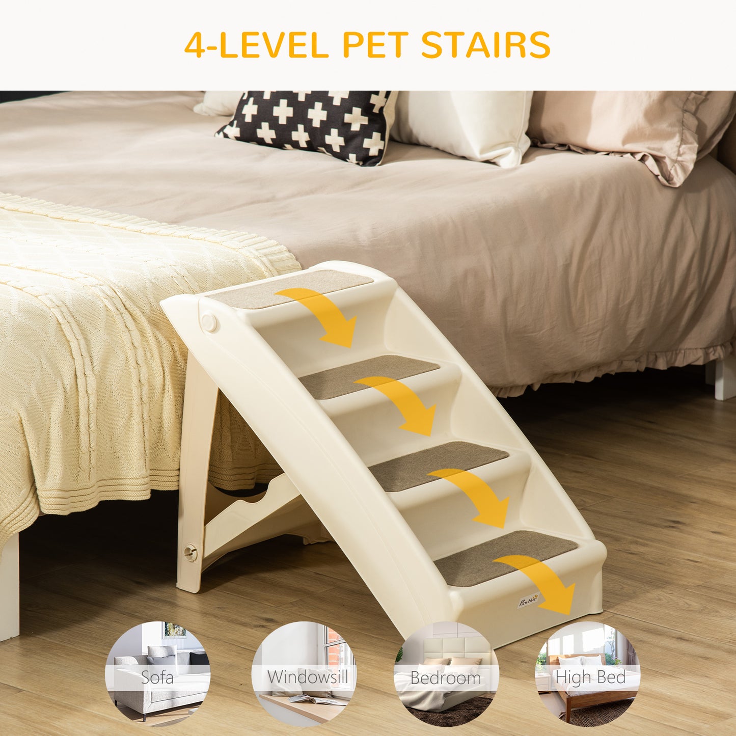 PawHut Foldable Pet Stairs, 4-Step for Cats Small Dogs with Non-slip Mats, 62 x 38 x 49.5 cm, Beige