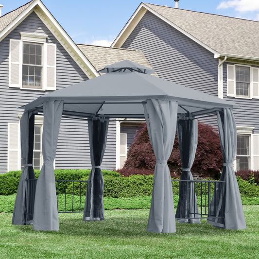 outsunny-hexagon-gazebo-patio-canopy-party-tent-outdoor-garden-shelter-w-2-tier-roof-side-panel-grey