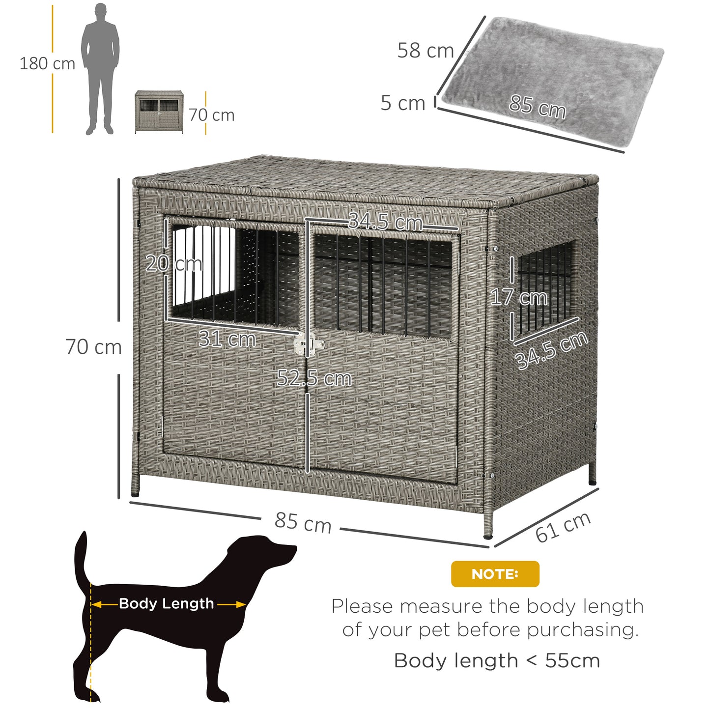 PawHut Wicker Dog Cage, Dog Crate with Double Doors and Soft Washable Cushion for Medium to Large Sized Dogs, 85 x 61 x 70 cm