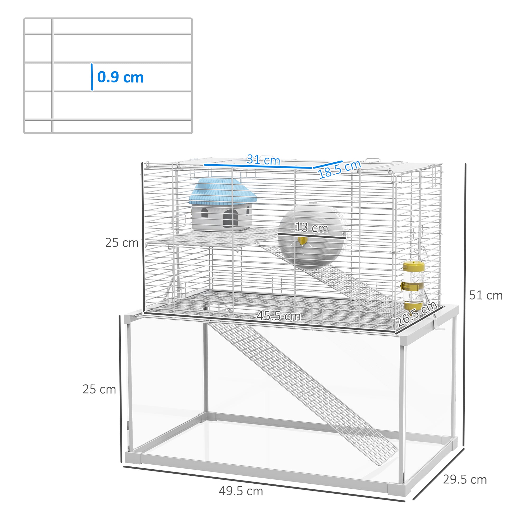 PawHut Gerbil Cage, Dwarf Hamster Cage w/ Deep Glass Bottom, Ramps Platforms Hut Exercise Wheel Water Bottle - White