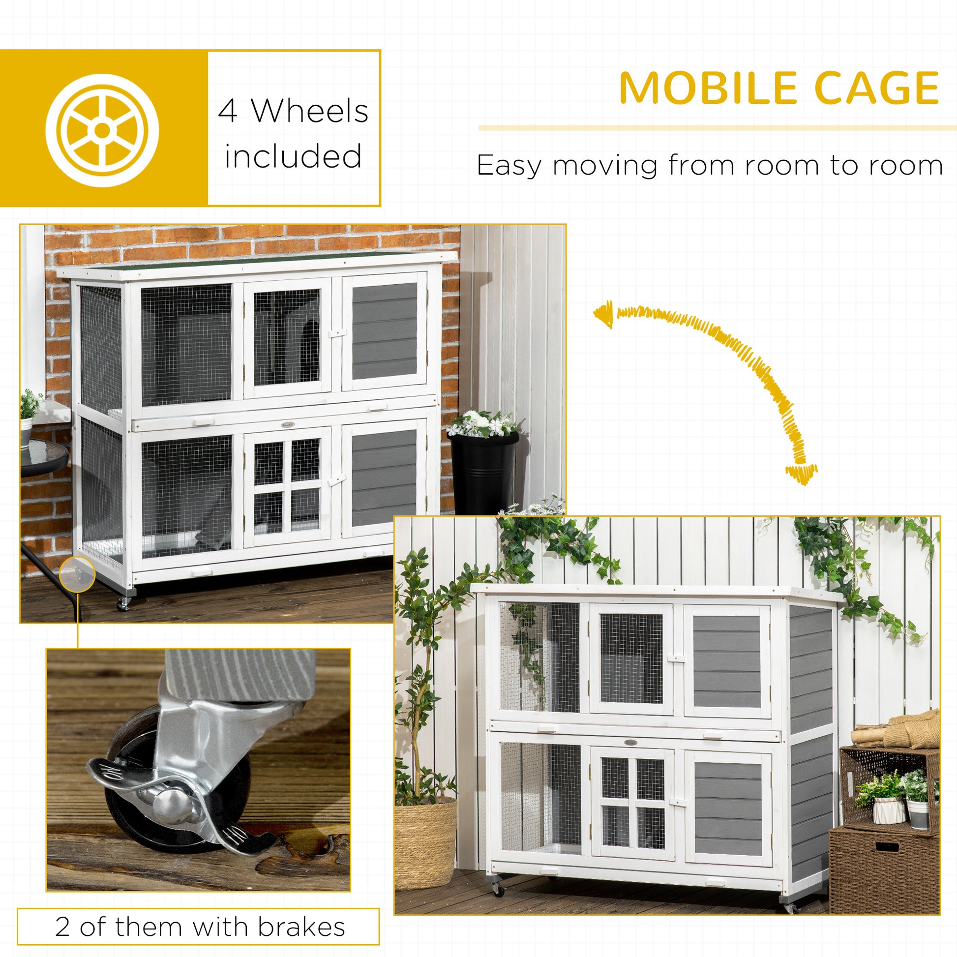 PawHut Wooden Rabbit Hutch with Wheels, Guinea Pig Cage, Small Animal House for Outdoor & Indoor with Slide-out Trays, 119 x 50.5 x 109cm, Grey