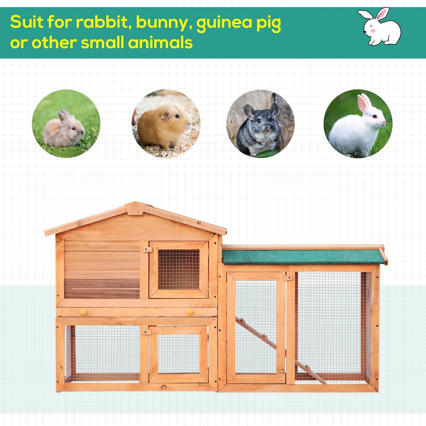 PawHut Rabbit 2 Tier Fir Wood Small Animal Hutch w/ Ramp Brown