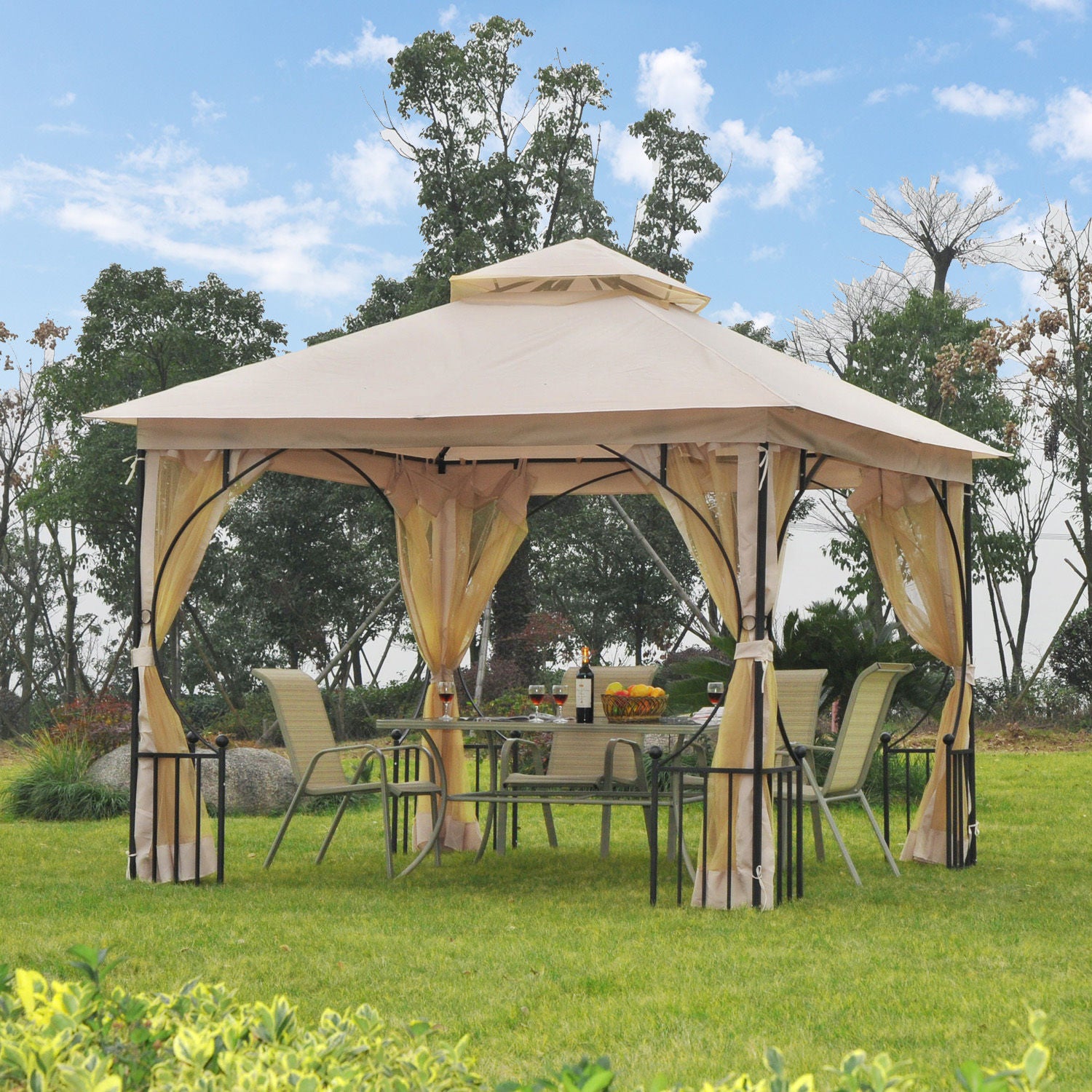 outsunny-3-x-3-m-garden-gazebo-patio-party-tent-shelter-outdoor-canopy-double-tier-sun-shade-metal-frame-beige