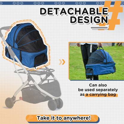 PawHut Detachable Pet Stroller Pushchair Foldable Dog Cat Travel Carriage 2-In-1 Design Carrying Bag Dark Blue