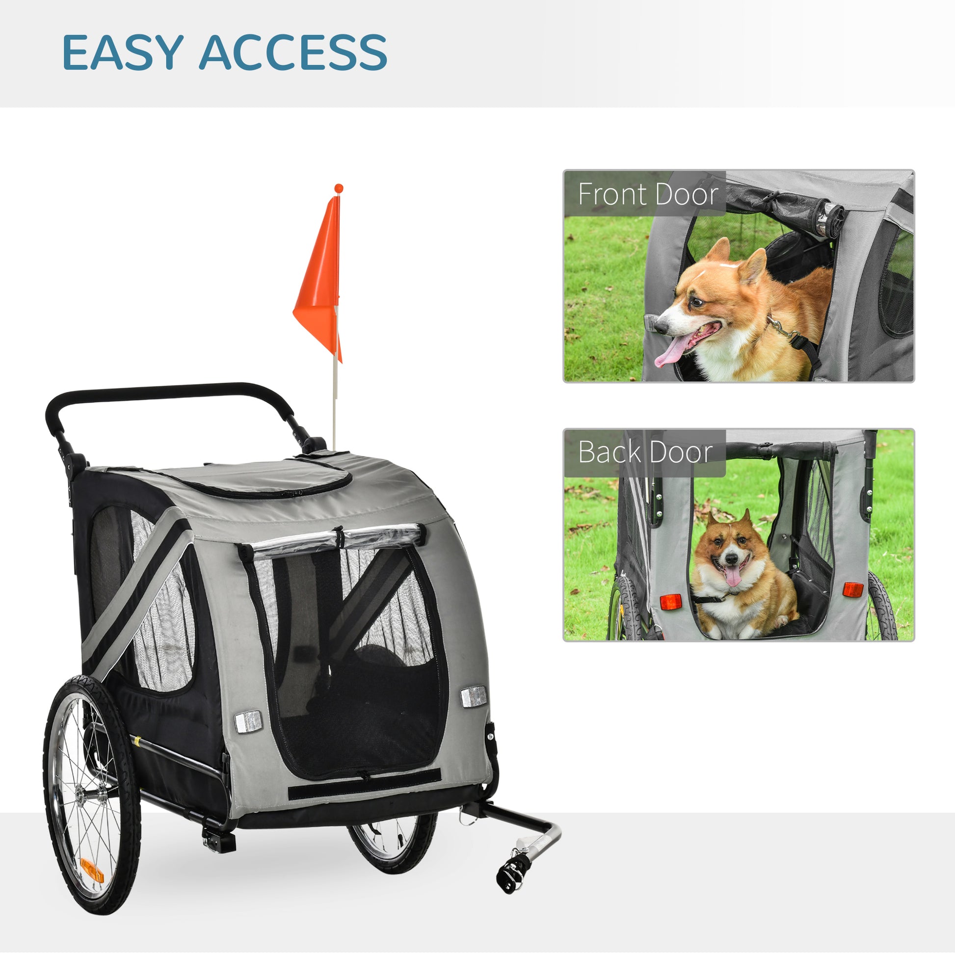 PawHut Dog Bike Trailer 2-in-1 Pet Stroller Cart Bicycle Carrier Attachment for Travel in steel frame with Universal Wheel Reflectors Flag Grey