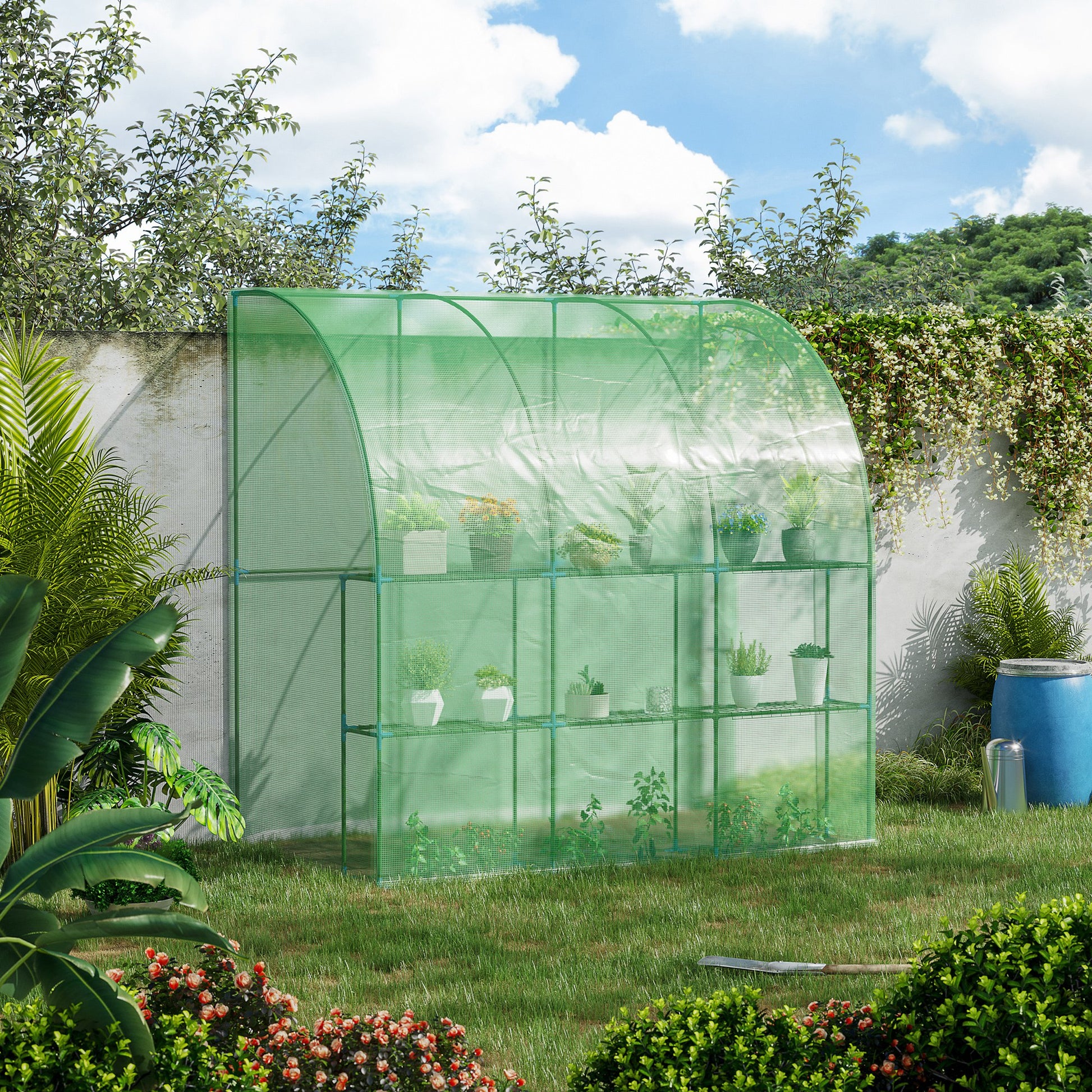 outsunny-outdoor-walk-in-lean-to-wall-tunnel-greenhouse-with-zippered-roll-up-door-pe-cover-green-214l-x-120w-x-215hcm