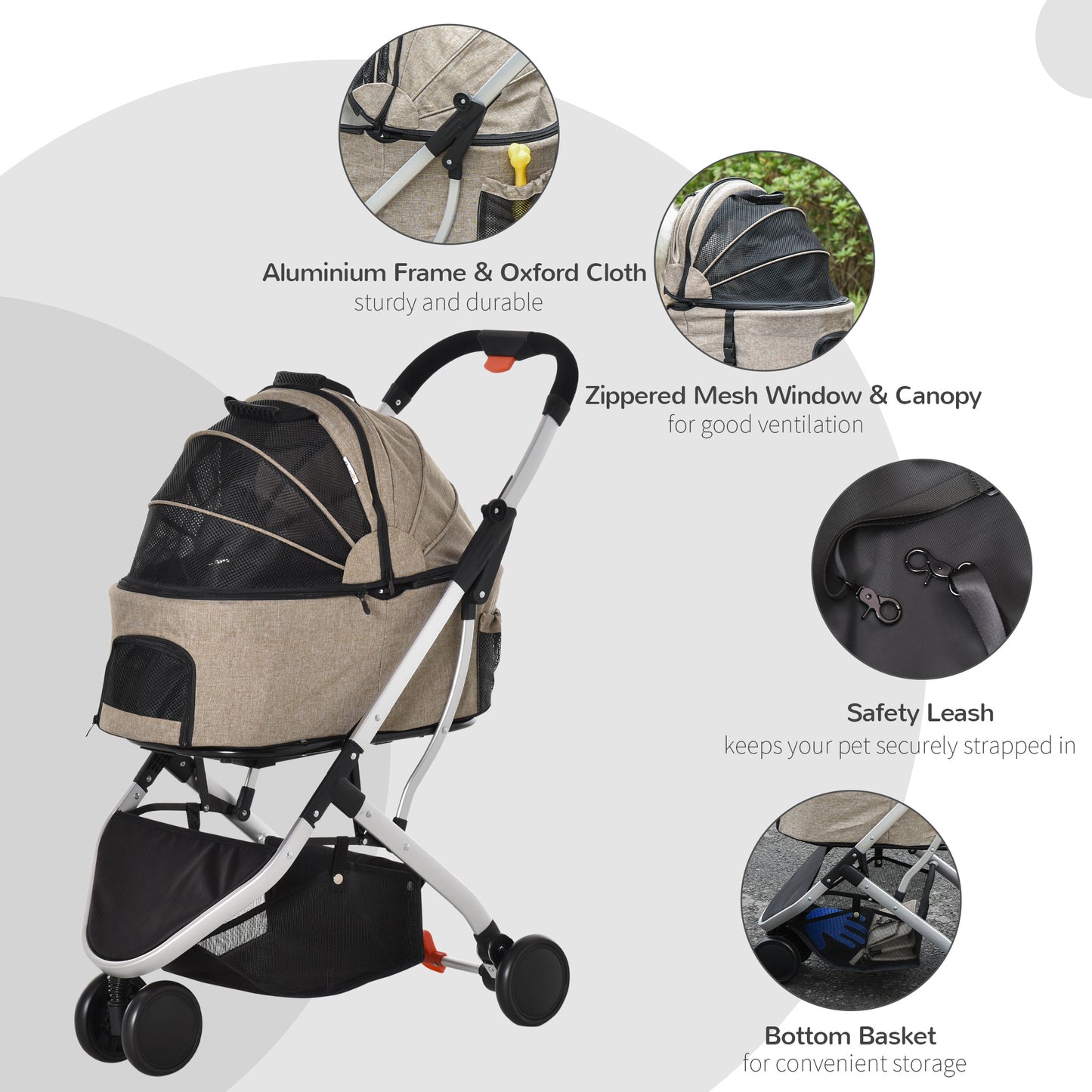 PawHut Pet Stroller Detachable Dog Pushchair 2-In-1 Foldable Cat Travel Carriage w/ Carrying Bag for XS Pets, Light Brown