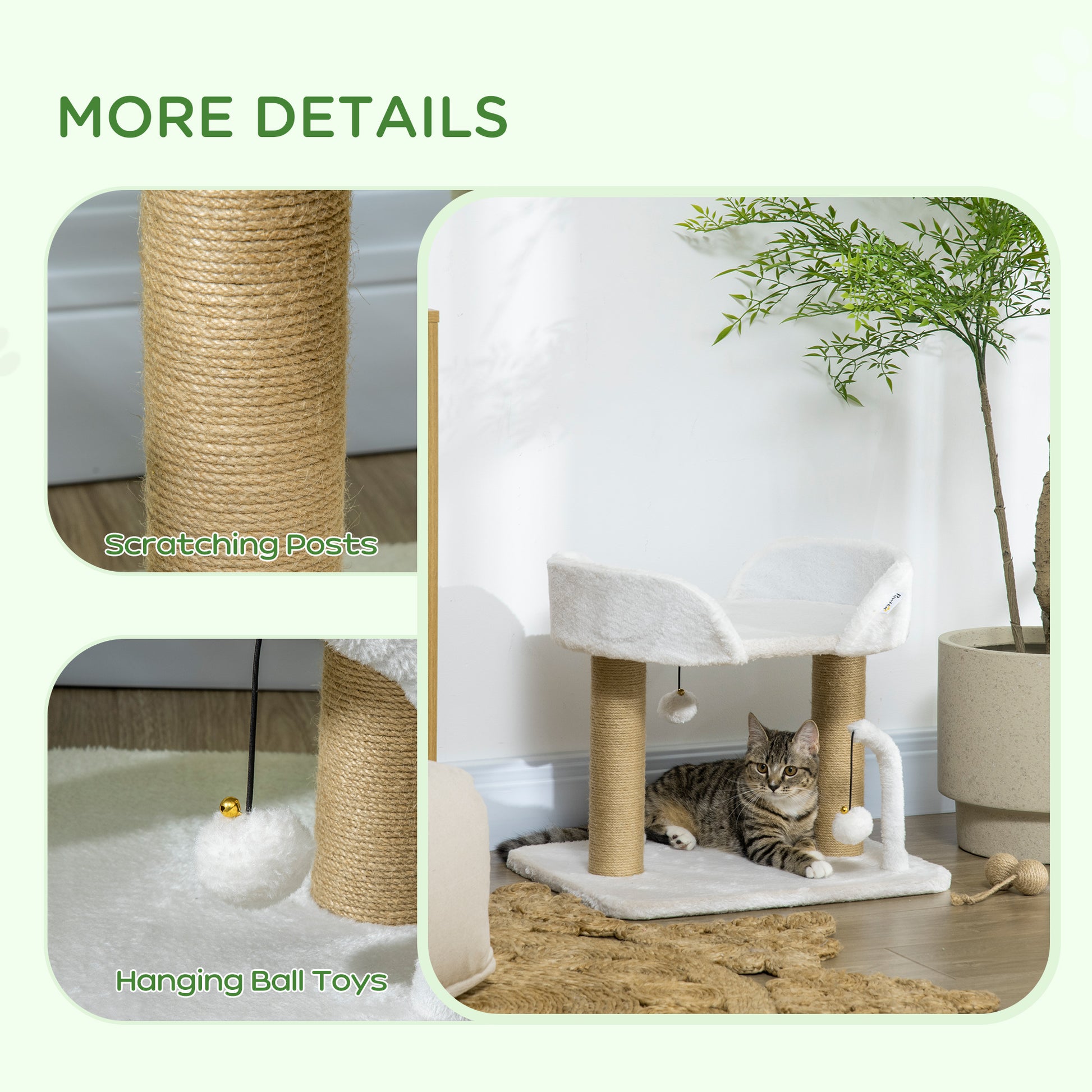 PawHut 42cm Indoor Cat Tree, Small Cat Tree with Sisal Scratching Post Kitten Bed with Toy Balls, Climbing Tower Bedding, White