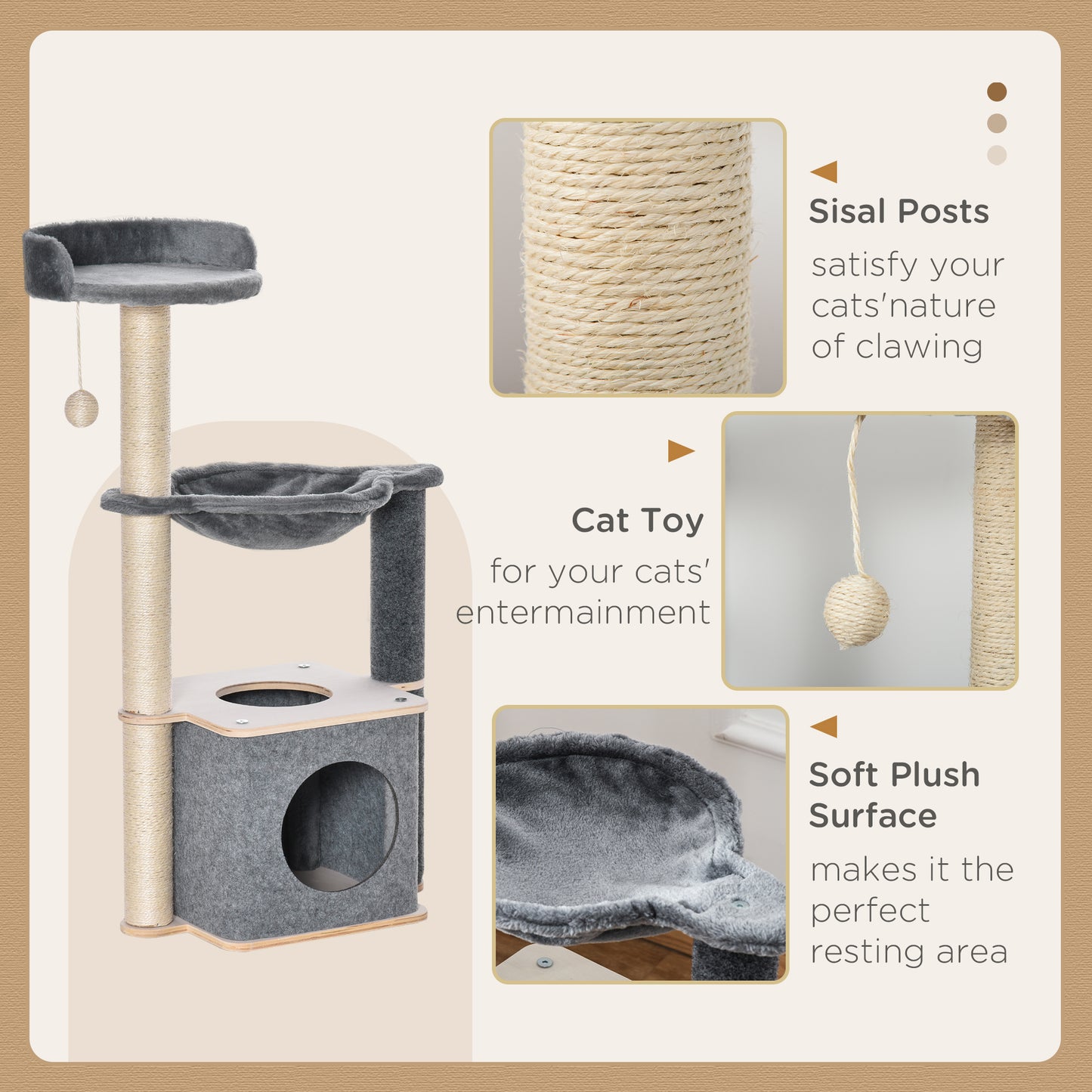 PawHut Cat Tree Cat Tower 95cm Climbing Kitten Activity Center with Sisal Scratching Post Perch Roomy Condo Hammock, Grey