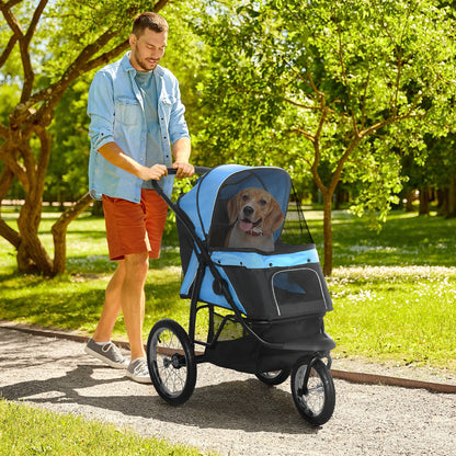 PawHut Pet Stroller Dog Pram Foldable Dog Pushchair Cat Travel Carriage w/ Adjustable Canopy, Wheels, for Medium Small Pets, Blue