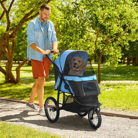 PawHut Pet Stroller Dog Pram Foldable Dog Pushchair Cat Travel Carriage w/ Adjustable Canopy, Wheels, for Medium Small Pets, Blue