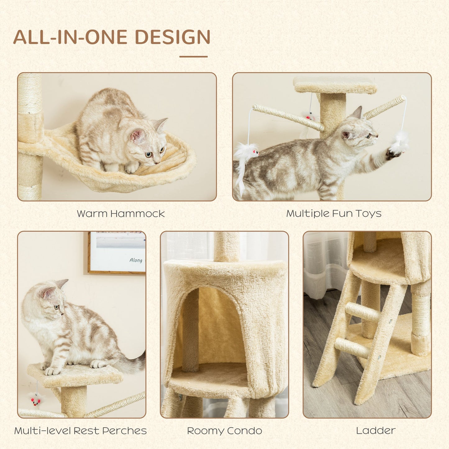 PawHut Cat Tree House, 131H cm-Beige