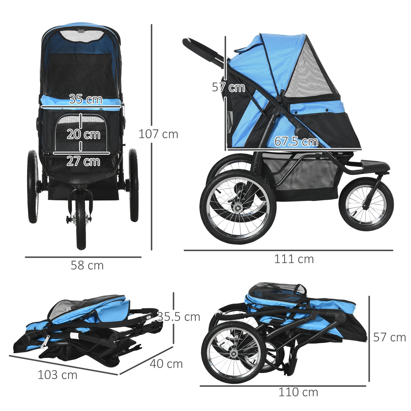 PawHut Pet Stroller Dog Pram Foldable Dog Pushchair Cat Travel Carriage w/ Adjustable Canopy, Wheels, for Medium Small Pets, Blue