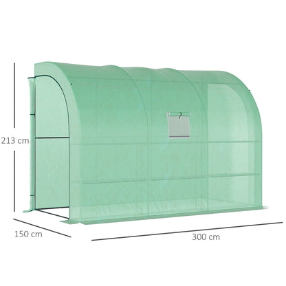 outsunny-walk-in-lean-to-wall-greenhouse-with-windows-and-doors-2-tiers-6-wired-shelves-300l-x-150w-x-215hcm-green