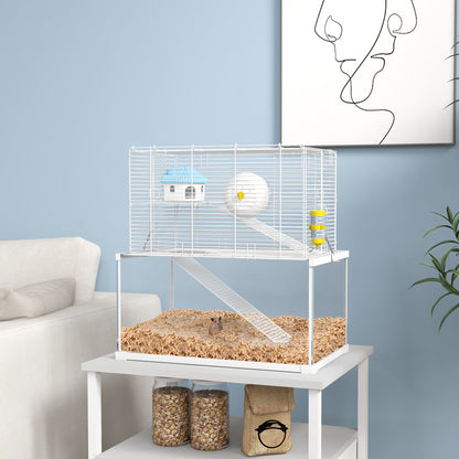 PawHut Gerbil Cage, Dwarf Hamster Cage w/ Deep Glass Bottom, Ramps Platforms Hut Exercise Wheel Water Bottle - White